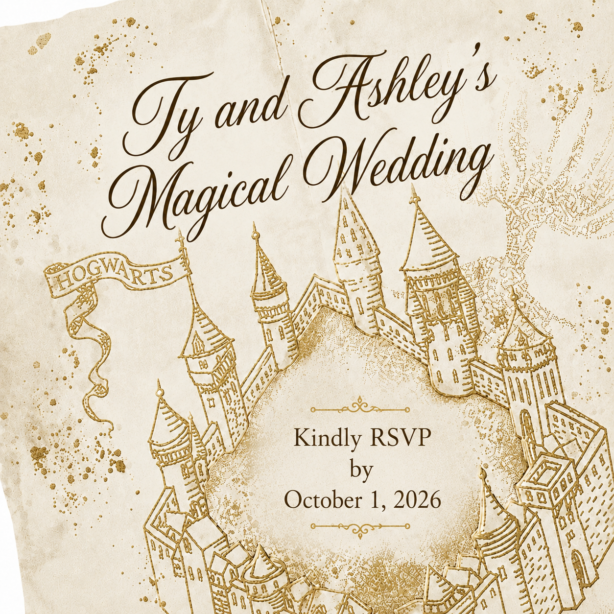 Ty and Ashley's Magical Wedding invitation featuring an illustrated magical castle and RSVP deadline of October 1, 2026